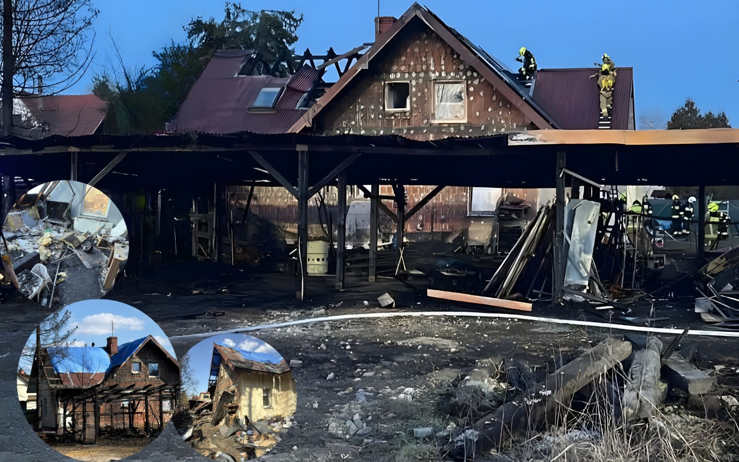 
        Zniszczony budynek po pożarze, z widocznymi strażakami na dachu.
    