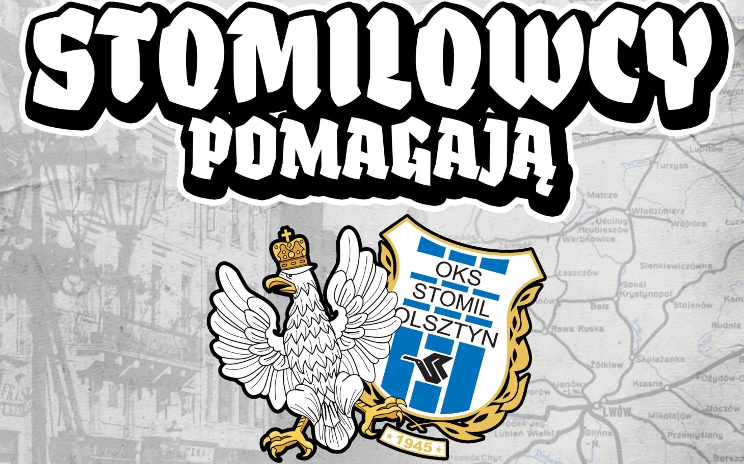 
        Logo klubu sportowego Stomil Olsztyn z hasłem pomocy.
    