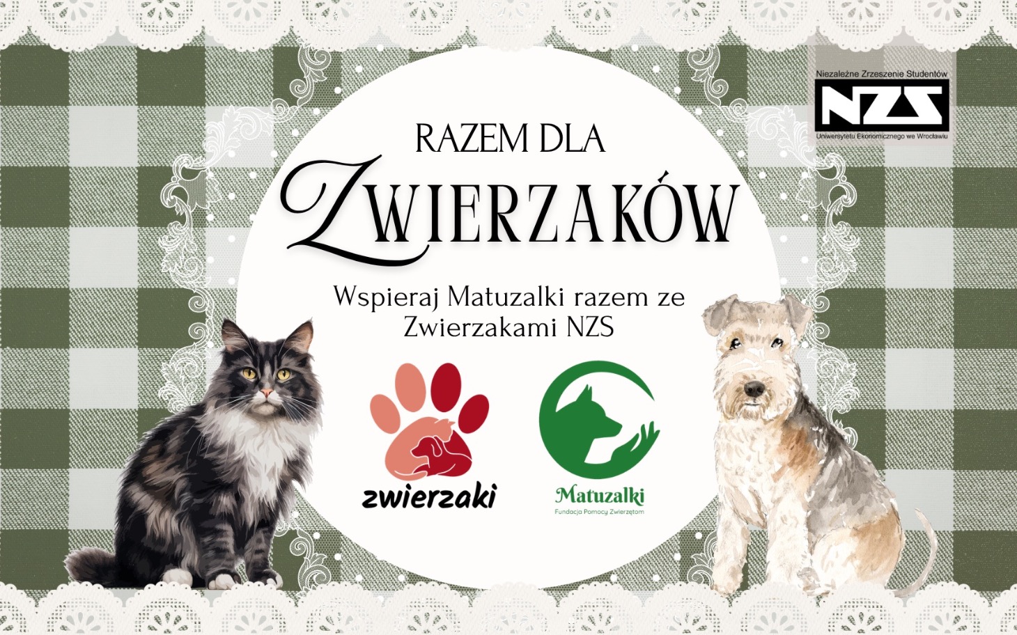 
        Plakat wspierający zwierzęta, z grafiką kotów i psów.
    