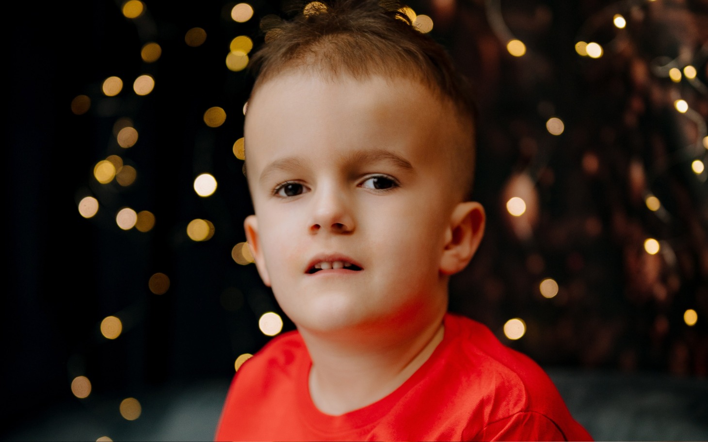 
        Chłopiec w czerwonej koszulce, patrzący w obiektyw, w tle świąteczne dekoracje.
    
