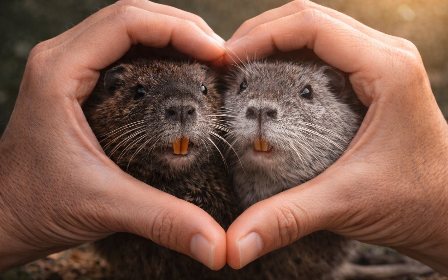 
        Dwie świnki morskie w sercu utworzonym z rąk.
    