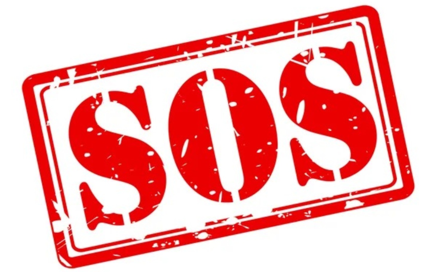 
        Czerwony stempel SOS na białym tle.
    