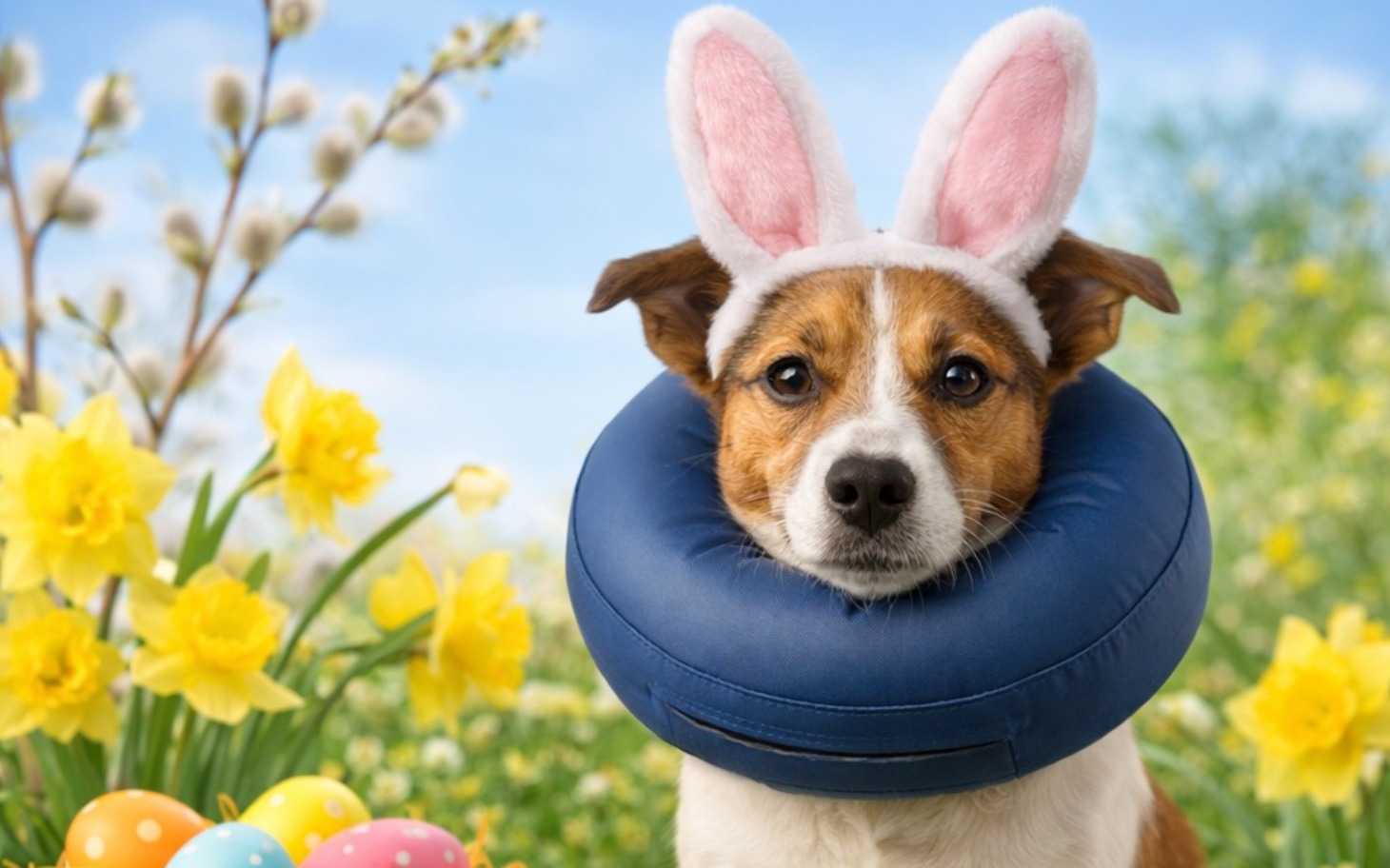 Pies w kapeluszu królika, wiosenna sceneria z kwiatami.