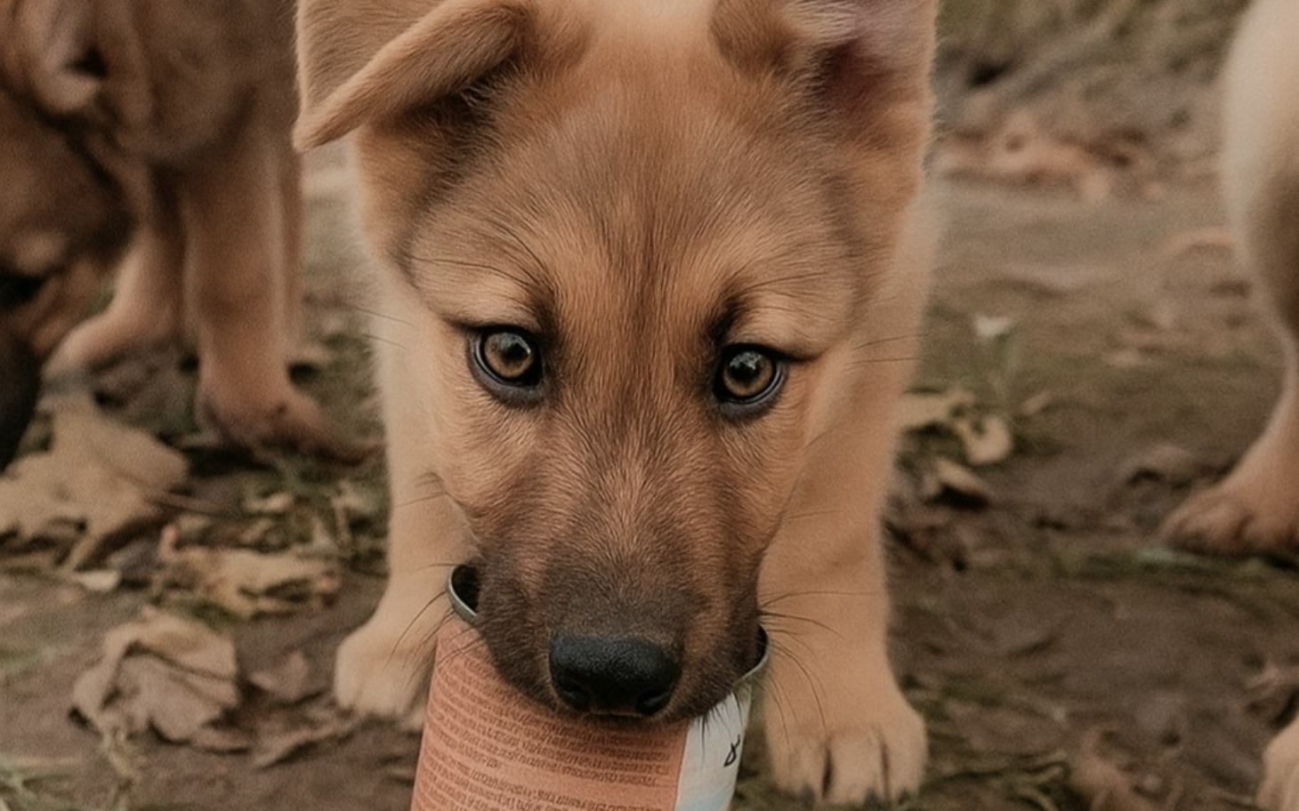 
        Szczeniak bawiący się puszką, urocza scena.
    