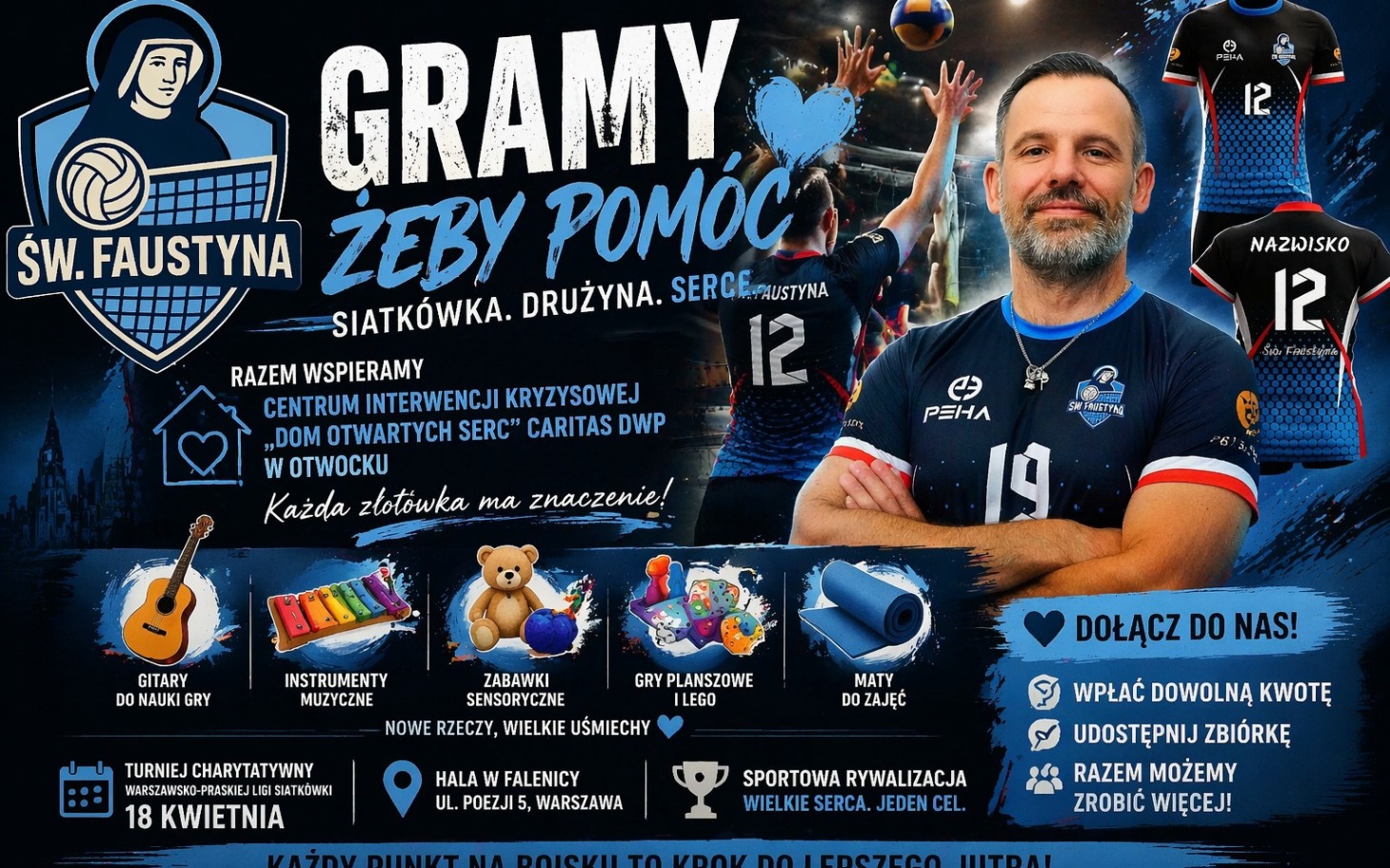 Plakat promujący wydarzenie sportowe z drużyną siatkarską.