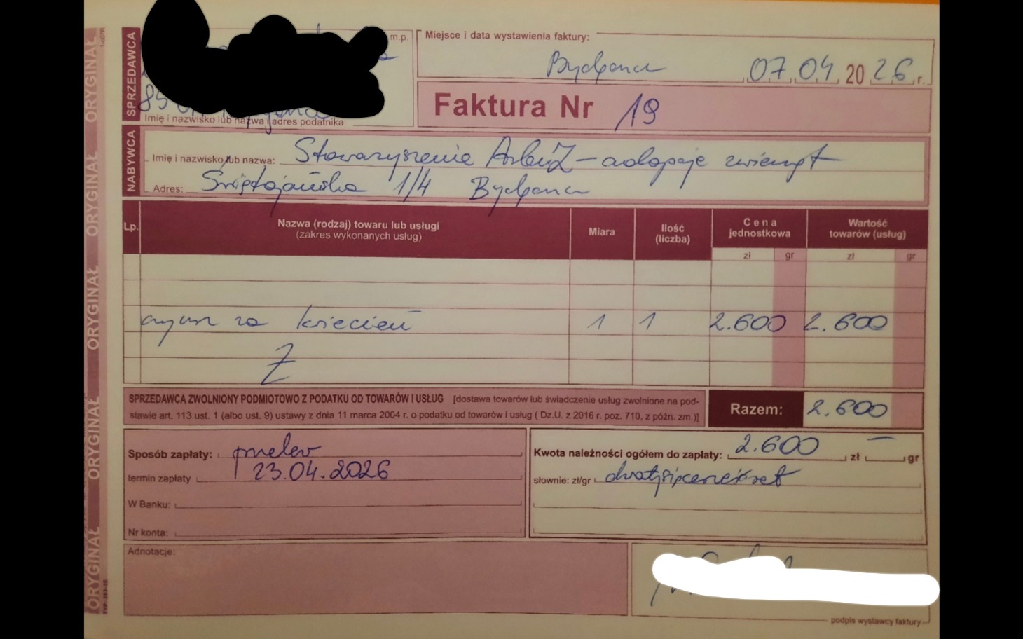 
        Faktura z datą i szczegółami transakcji, z widocznymi danymi.
    