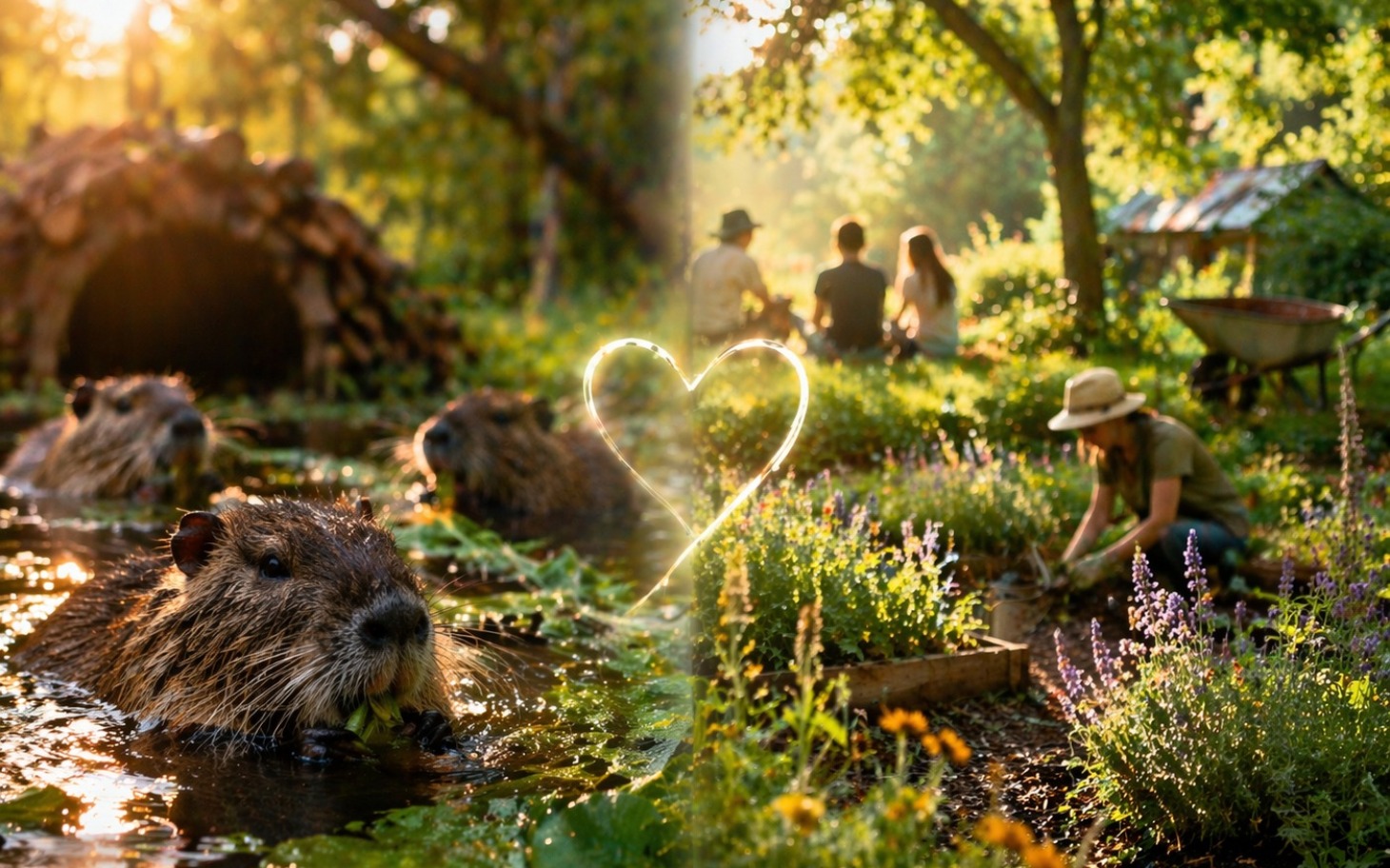 
        Bobry w wodzie, otoczone zielenią, z ludźmi w tle.
    