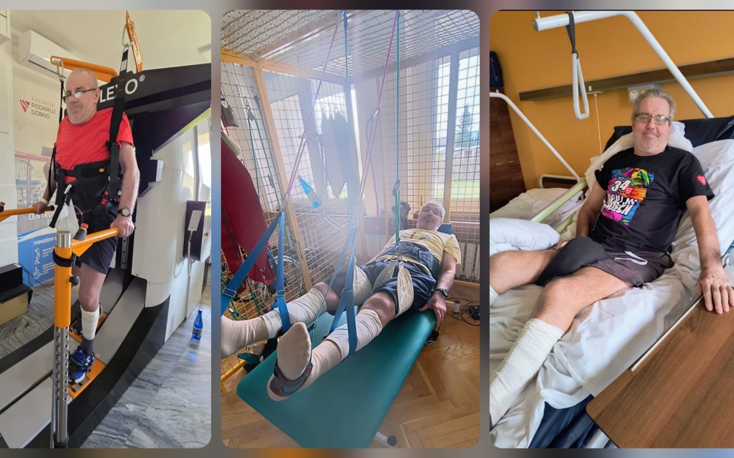 
        Mężczyzna korzystający z rehabilitacji w specjalnym urządzeniu.
    