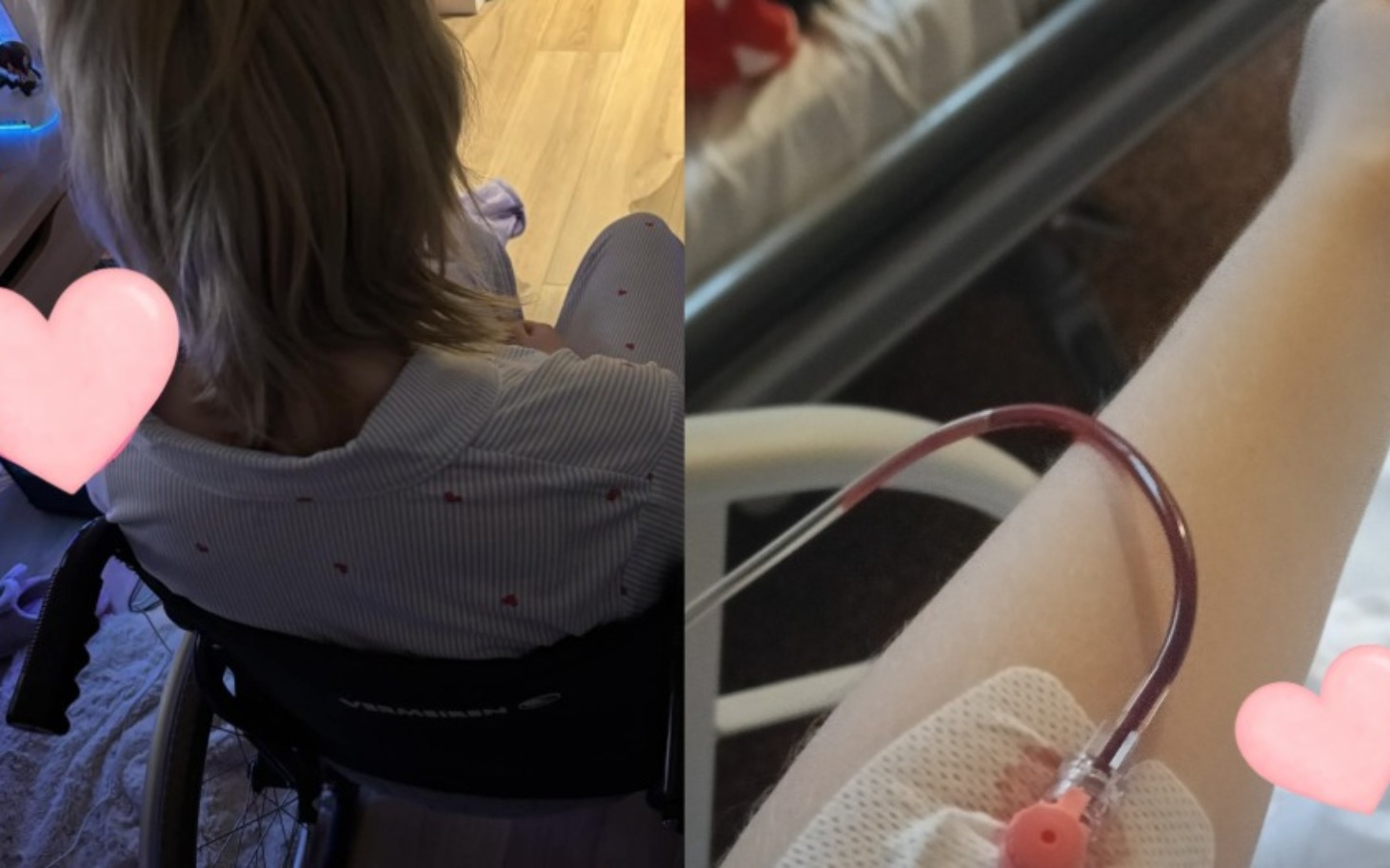 
        Kobieta w wózku inwalidzkim, z kroplówką na ręce.
    