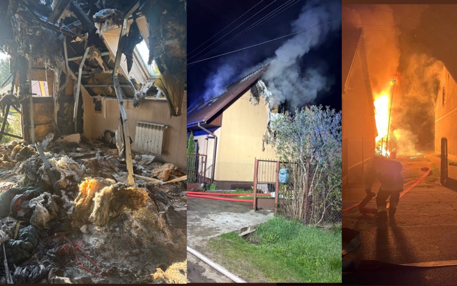 
        Zniszczony dom po pożarze, widok z zewnątrz.
    