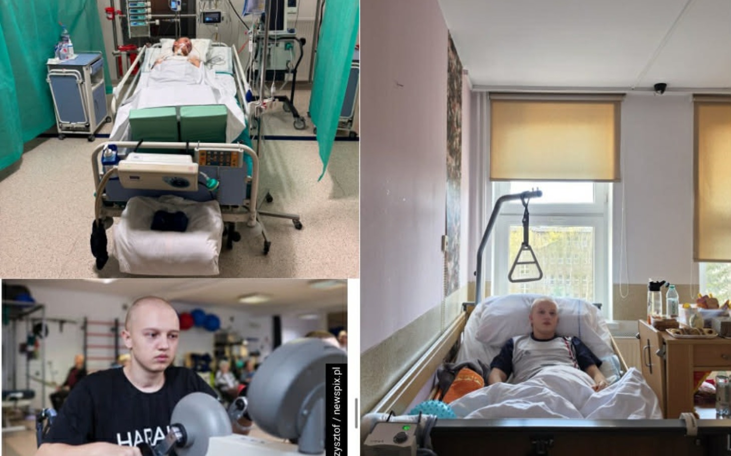 
        Chłopiec w szpitalu, leżący na łóżku z aparaturą.
    