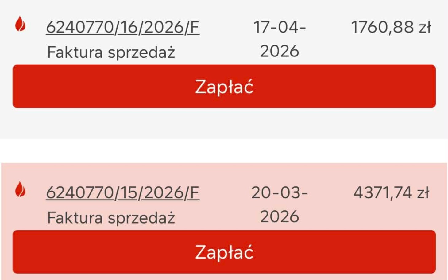 
        Zrzut ekranu z fakturami do zapłaty.
    