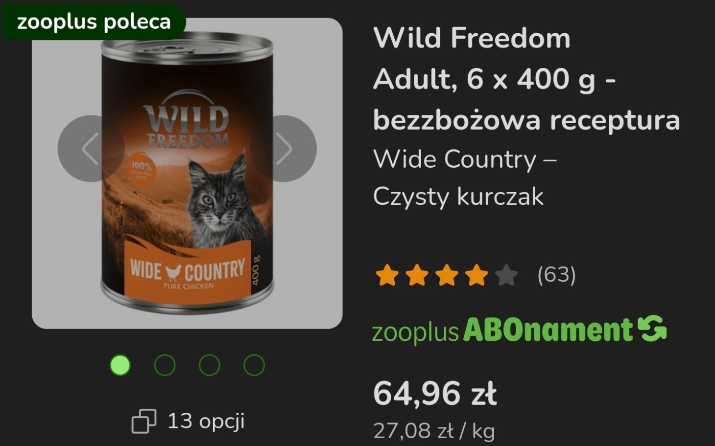 
        Puszka karmy dla kotów Wild Freedom z kurczakiem na tle ciemnym.
    