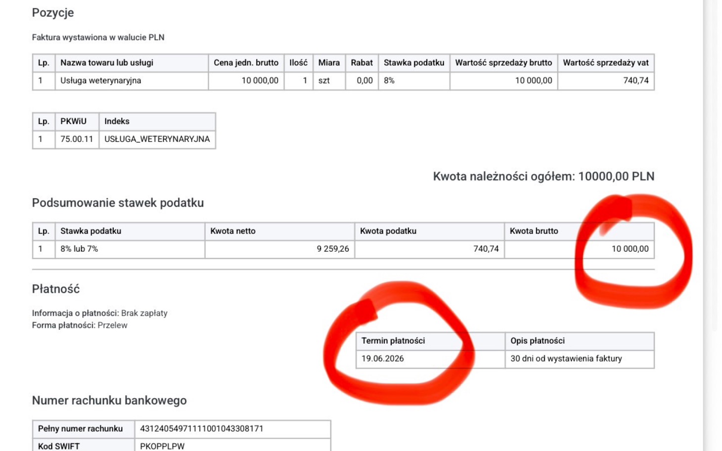 
        Faktura za usługi weterynaryjne, kwota 10 000 PLN.
    