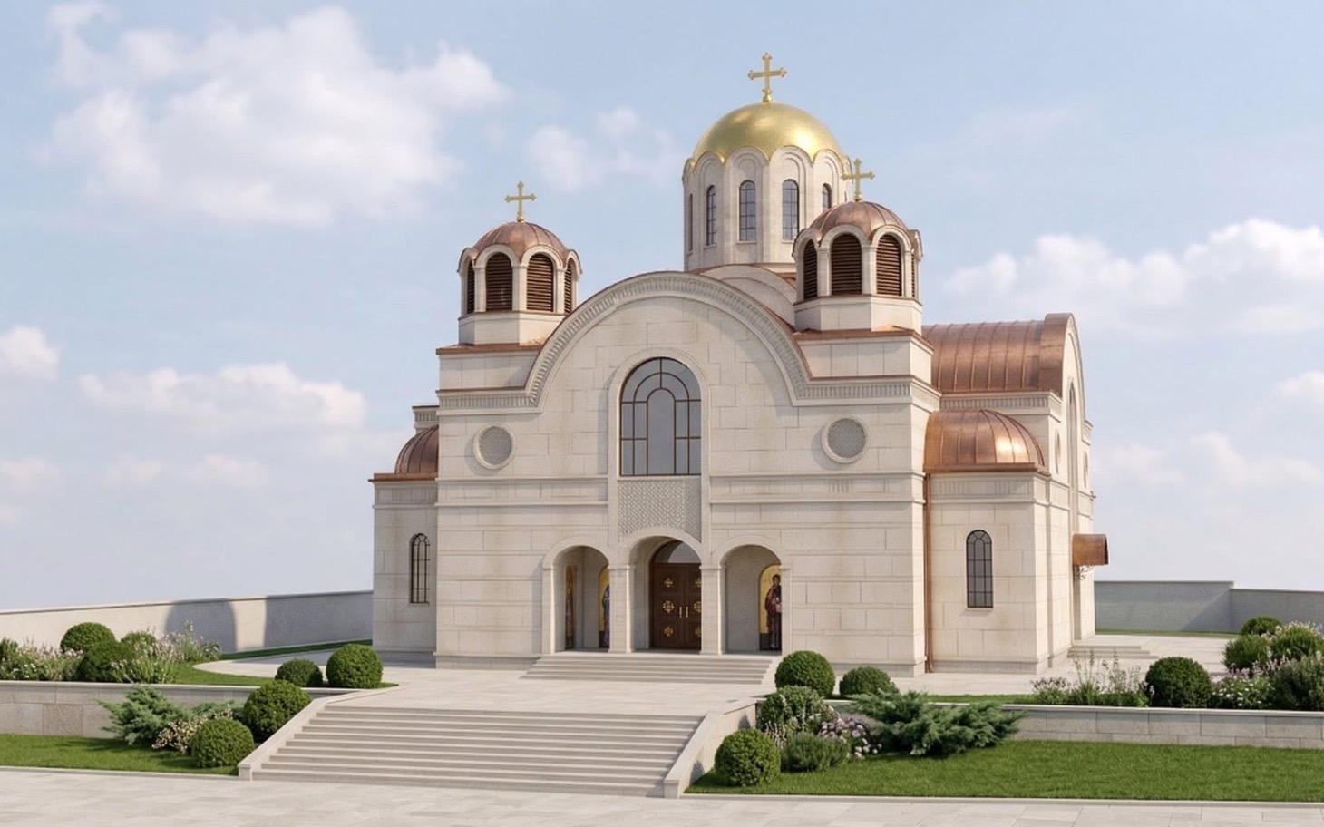
        Nowoczesny kościół z kopułami, otoczony zielenią.
    