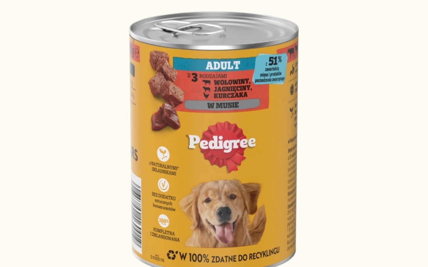 
        Puszka karmy dla psa Pedigree z wizerunkiem psa.
    