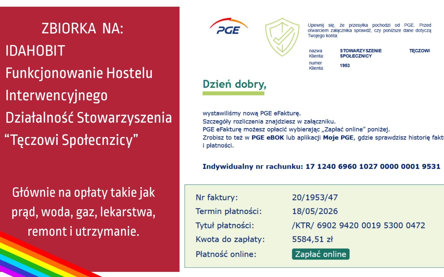 
        Dokument dotyczący zbiórki na funkcjonowanie hostelu interwencyjnego.
    