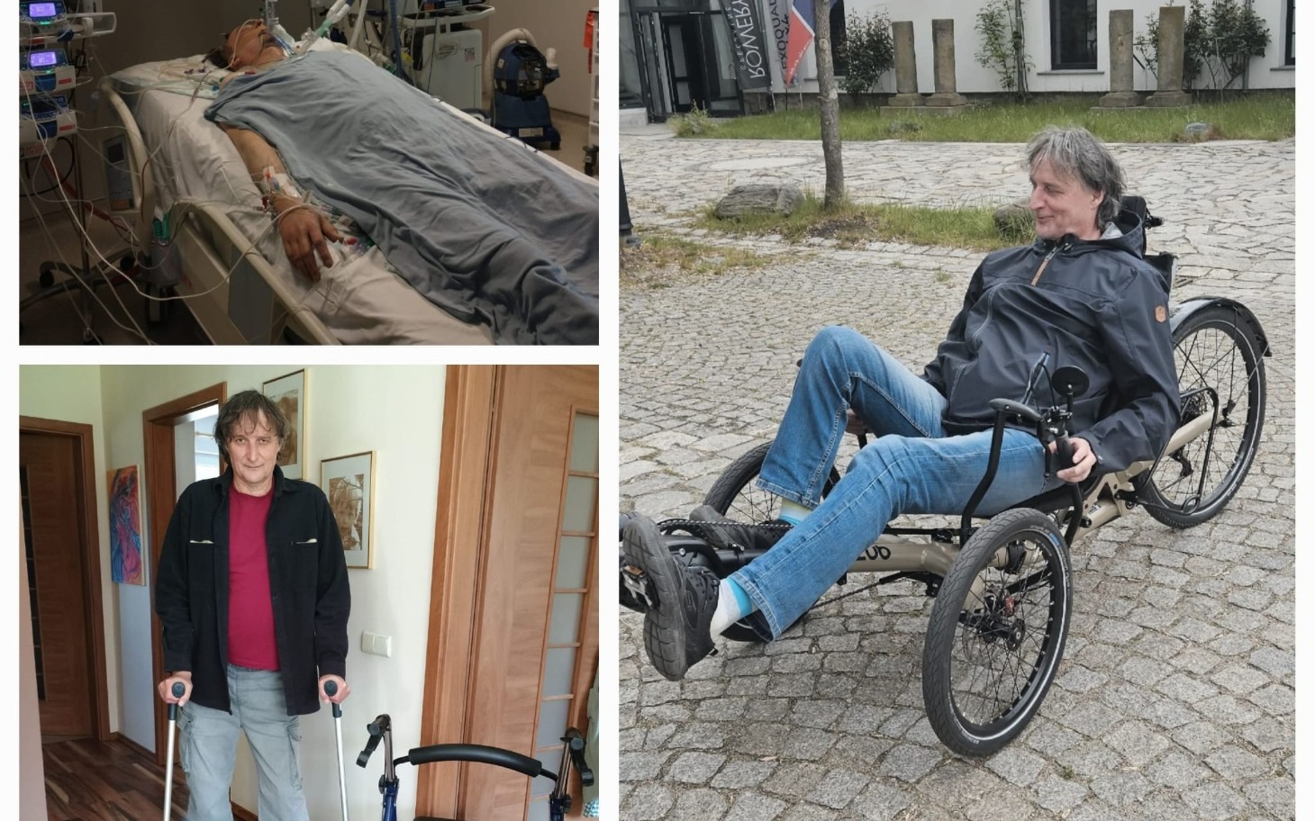
        Mężczyzna w trakcie rehabilitacji, korzystający z roweru trójkołowego.
    