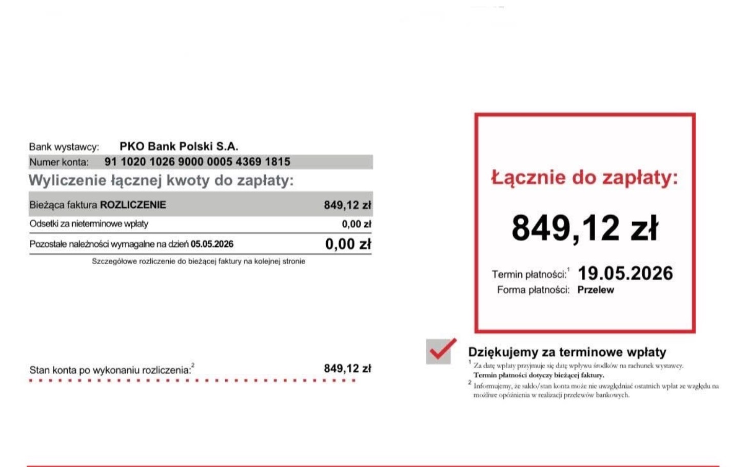 
        Faktura bankowa z kwotą do zapłaty, ważne informacje finansowe.
    