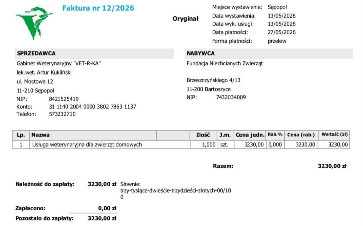 
        Faktura za usługi weterynaryjne dla zwierząt domowych.
    