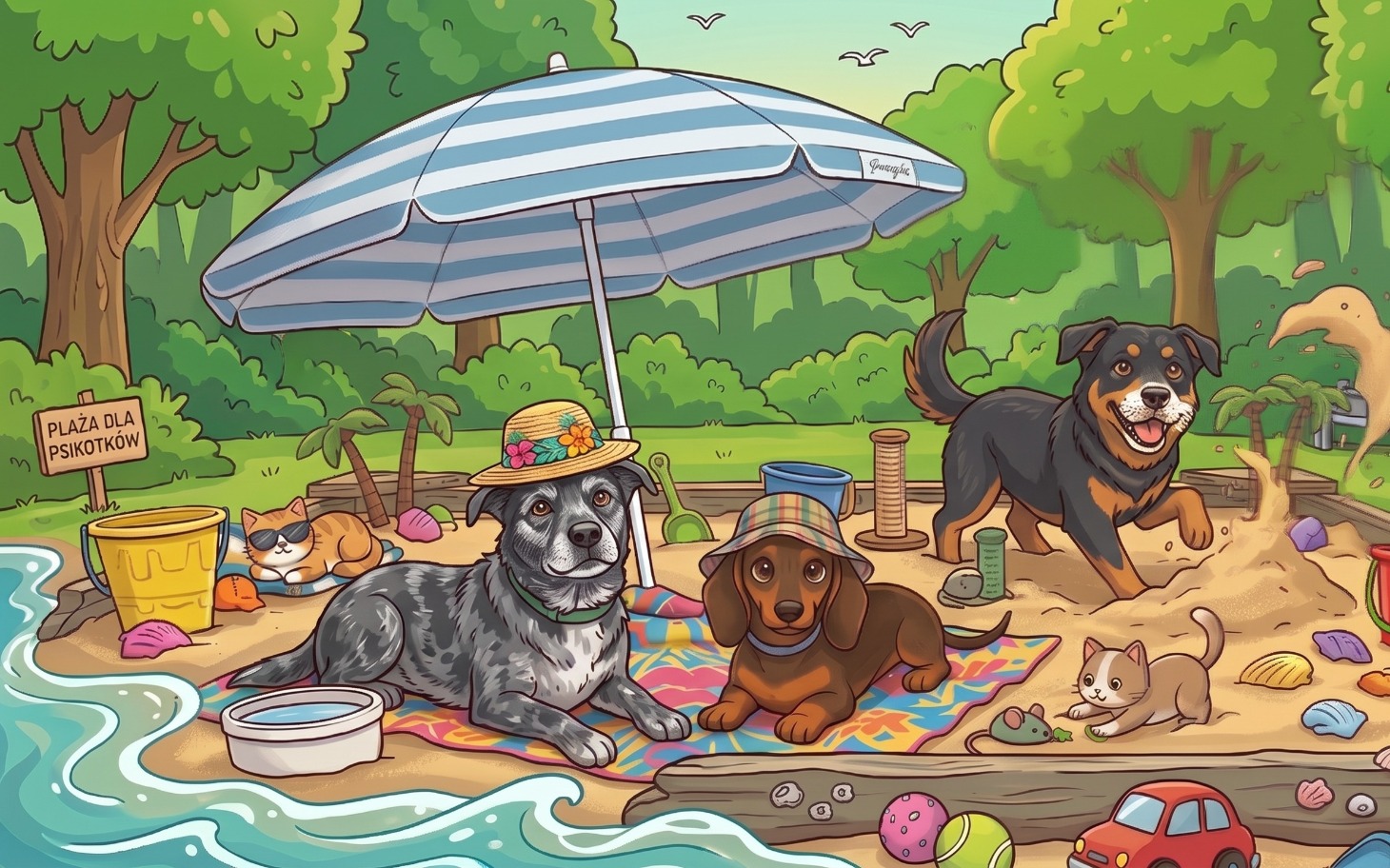 
        Ilustracja psów na plaży, w kapeluszach, bawiących się.
    