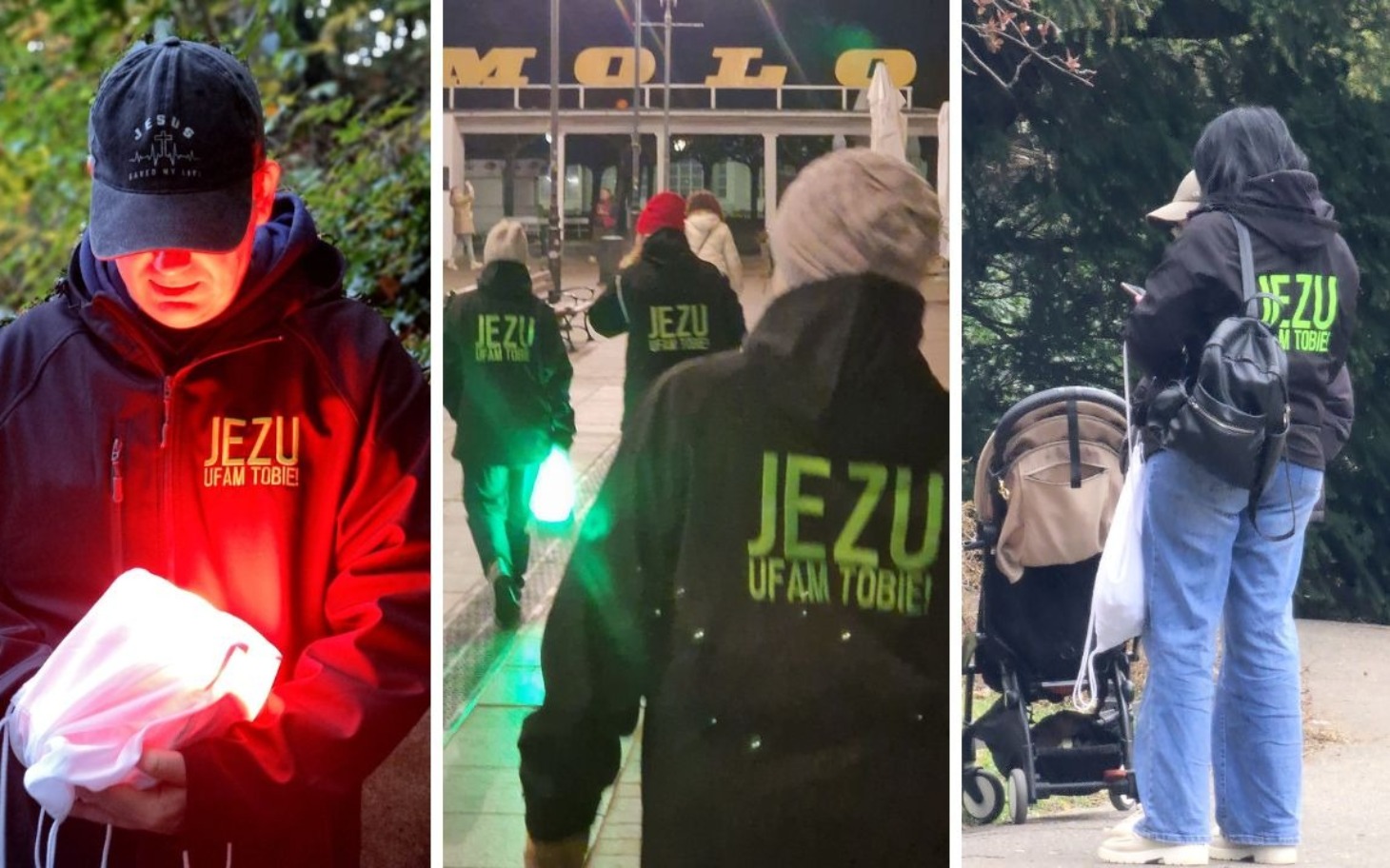 
        Grupa ludzi w ciemnych bluzach z napisem 'JEZU UFAM TOBIE' na spacerze.
    