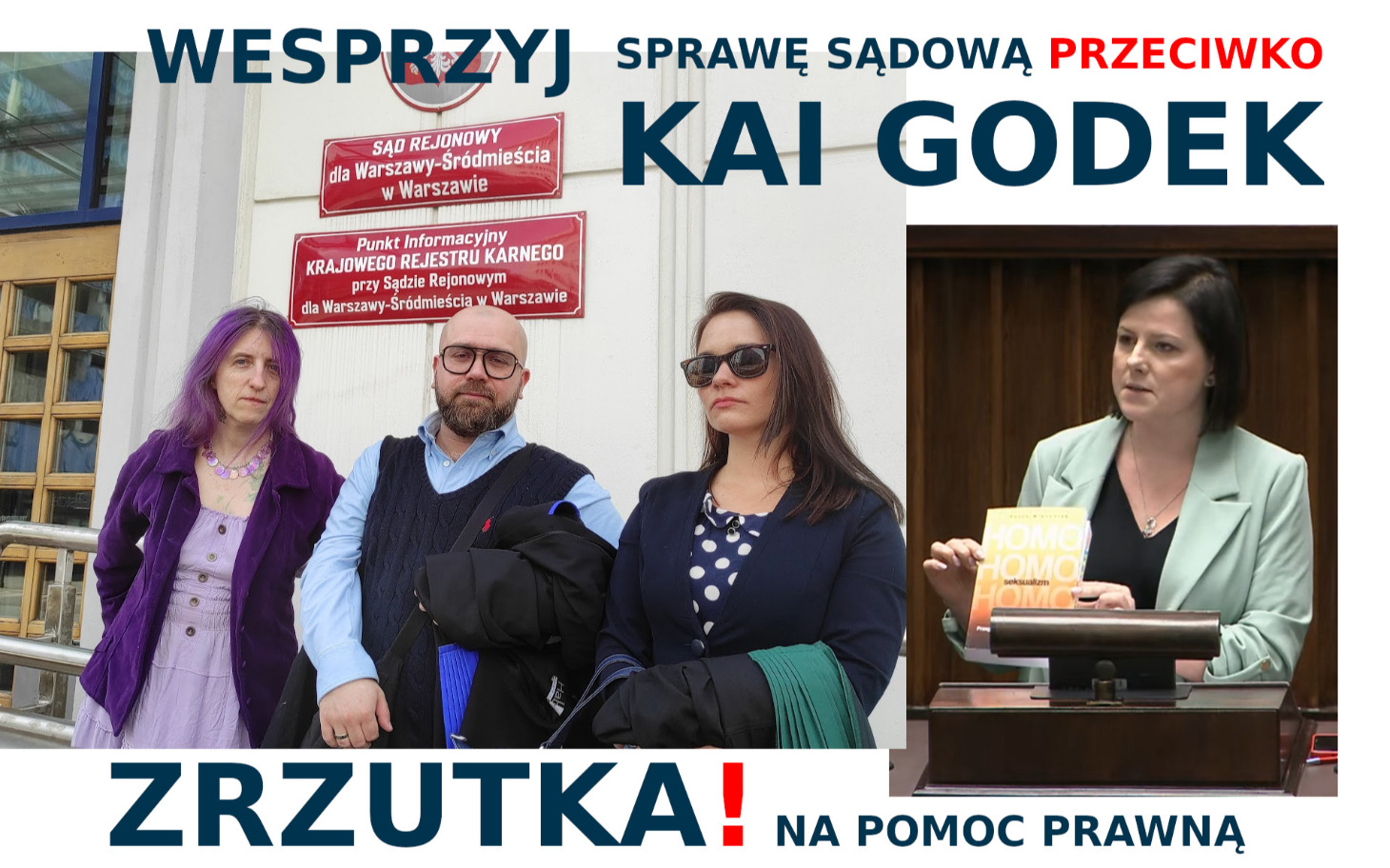 
        Kolorowa okładka collage z postacią i napisem Zrzutka na pomoc prawną.
    