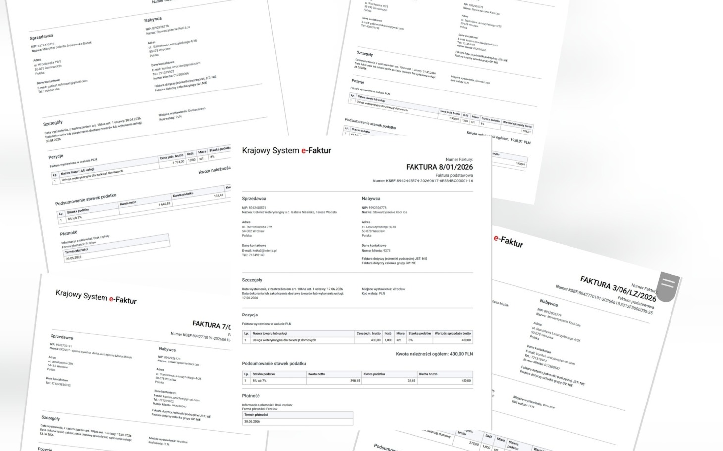 
        Widok zbliżony na faktury i dokumenty projektu, z widocznym nagłówkiem Krajowy System e-Faktur.
    