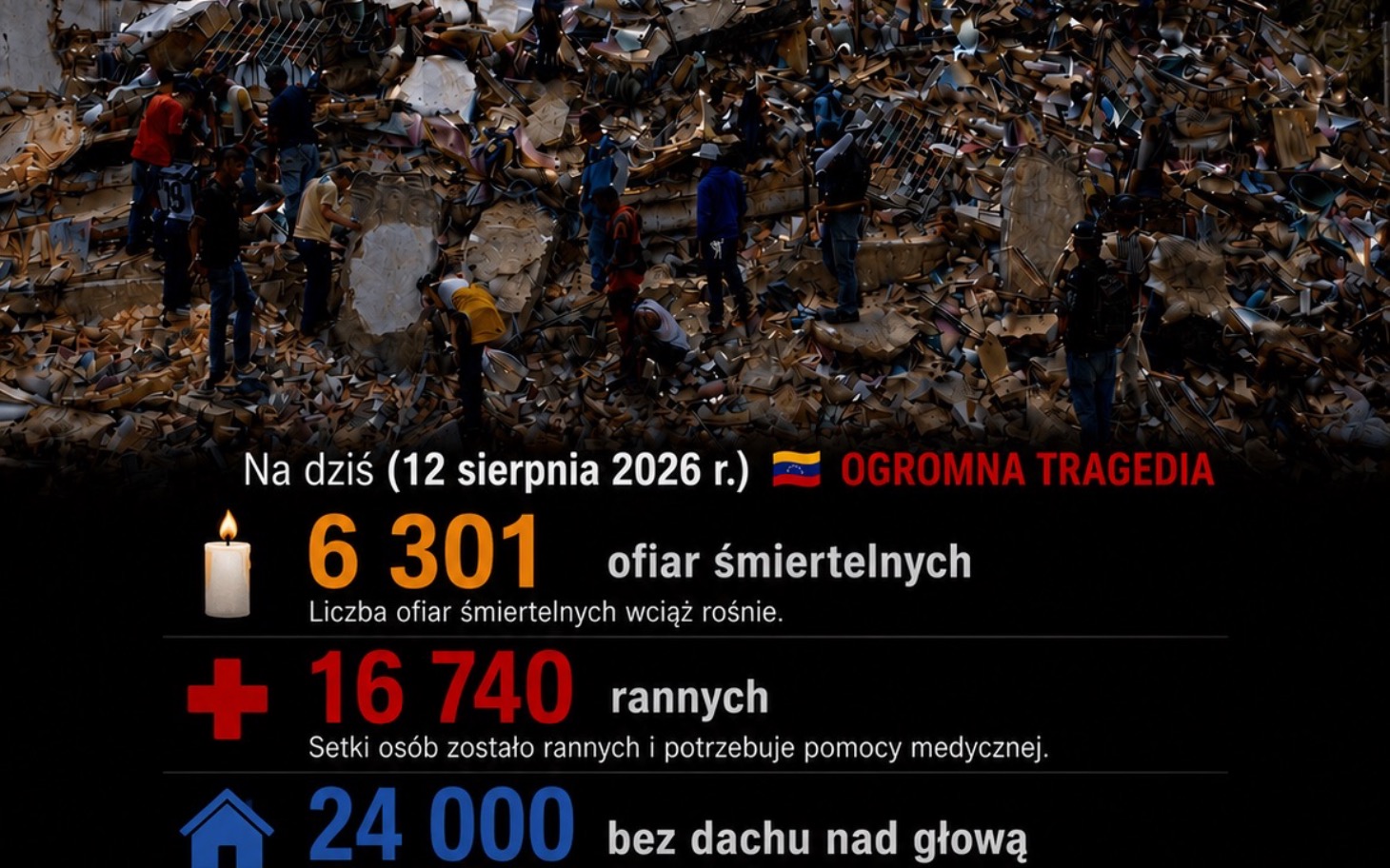 
        Liczba ofiar i rannych na tle zdjęcia, duże liczby i napis tragedy
    