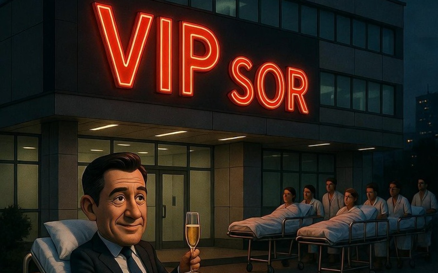 
        Ilustracja VIP SOR przed szpitalem z księżniczkami i ochroną
    