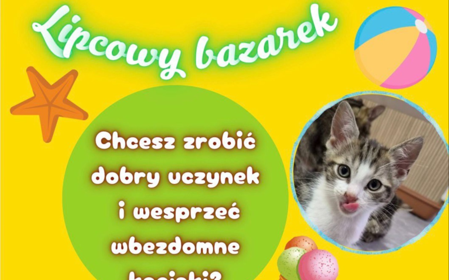 
        Żółty plakat z napisem i zdjęciem kota w okręgu
    