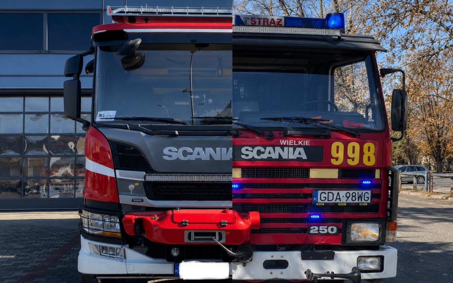 
        Fire truck frontowy, napis Straż i numer 998 na czerwonym boku.
    