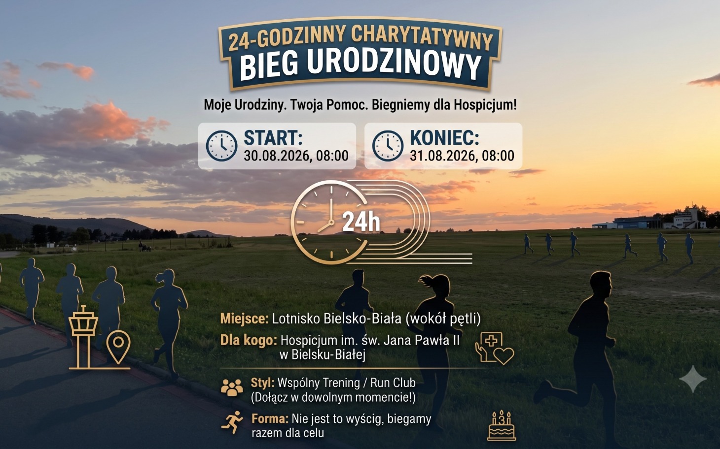 
        Plenerowy plakat wydarzenia charytatywnego „Bieg Urodzinowy” na tle zachodzącego słońca.
    