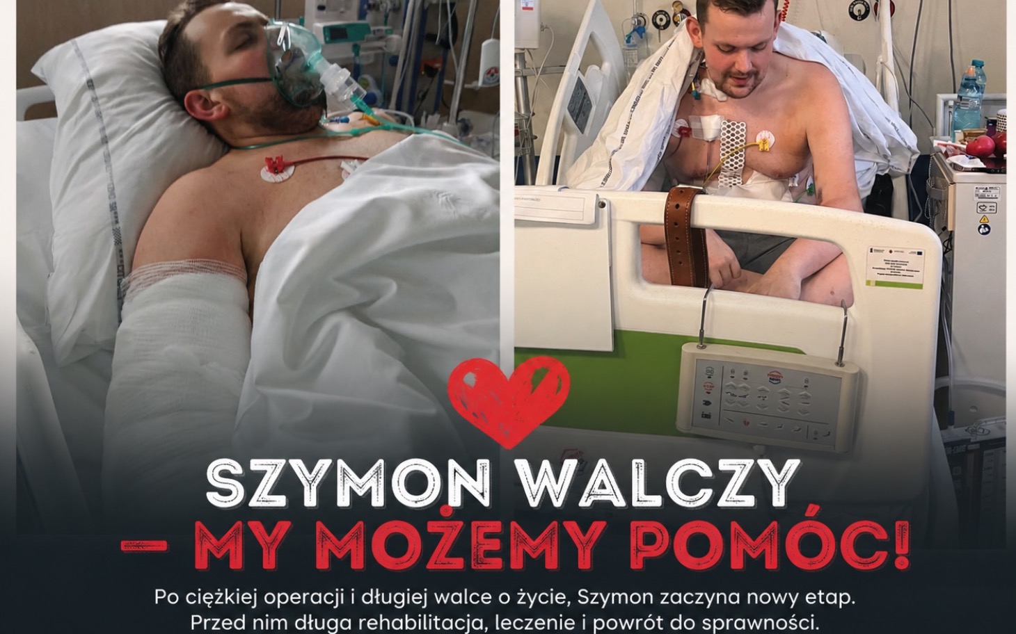 
        Dynamiczny kadr z pacjentem w szpitalu i czerwone serce na dole.
    