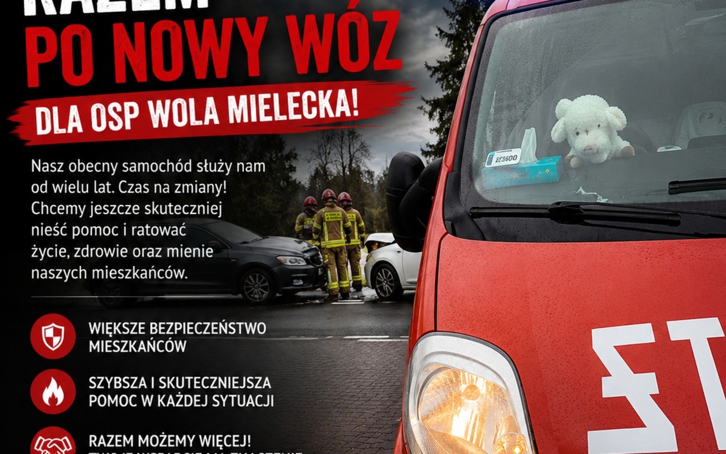 
        Czerwony busz pożarniczy na tle plakatów promujących pomoc dla POSP.
    
