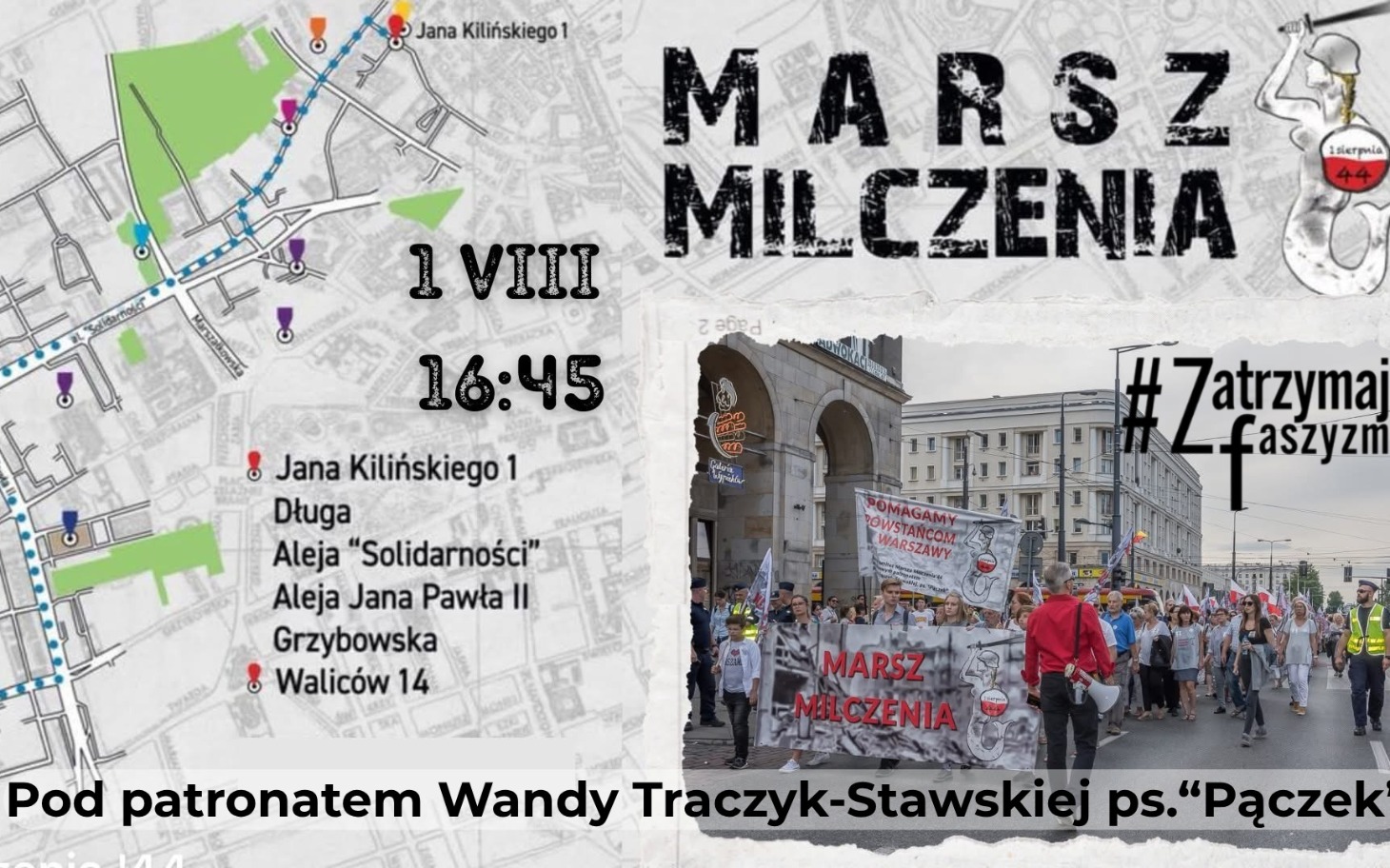 
        Okazały plakat i zbliżenie na człowieka w stroju ze starannie wykonanym makijażem.
    