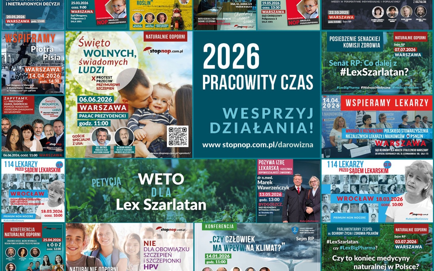 
        Plakaty i wydarzenia społeczne, grafiki i hasła kampanii.
    