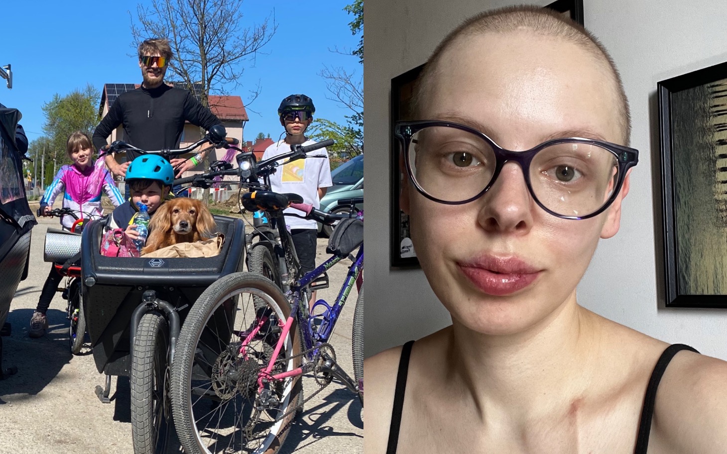 
        Zgromadzeni na rowerowym wypoczynku na wsi rodzina z psem i rowerami.
    