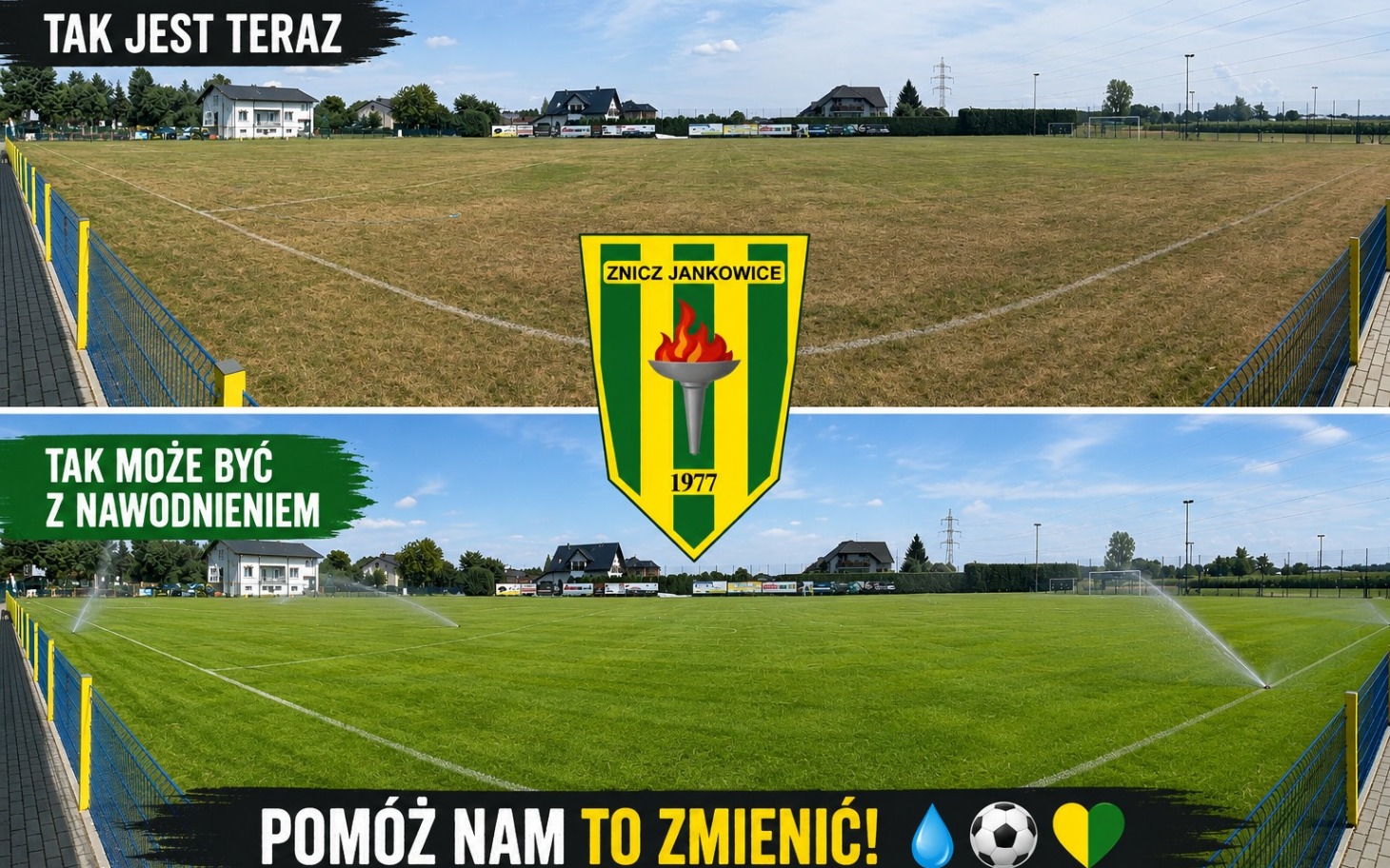 
        Widok boiska z herbem Drużyny Znicz Jankowice na środku, okolice trybun.
    