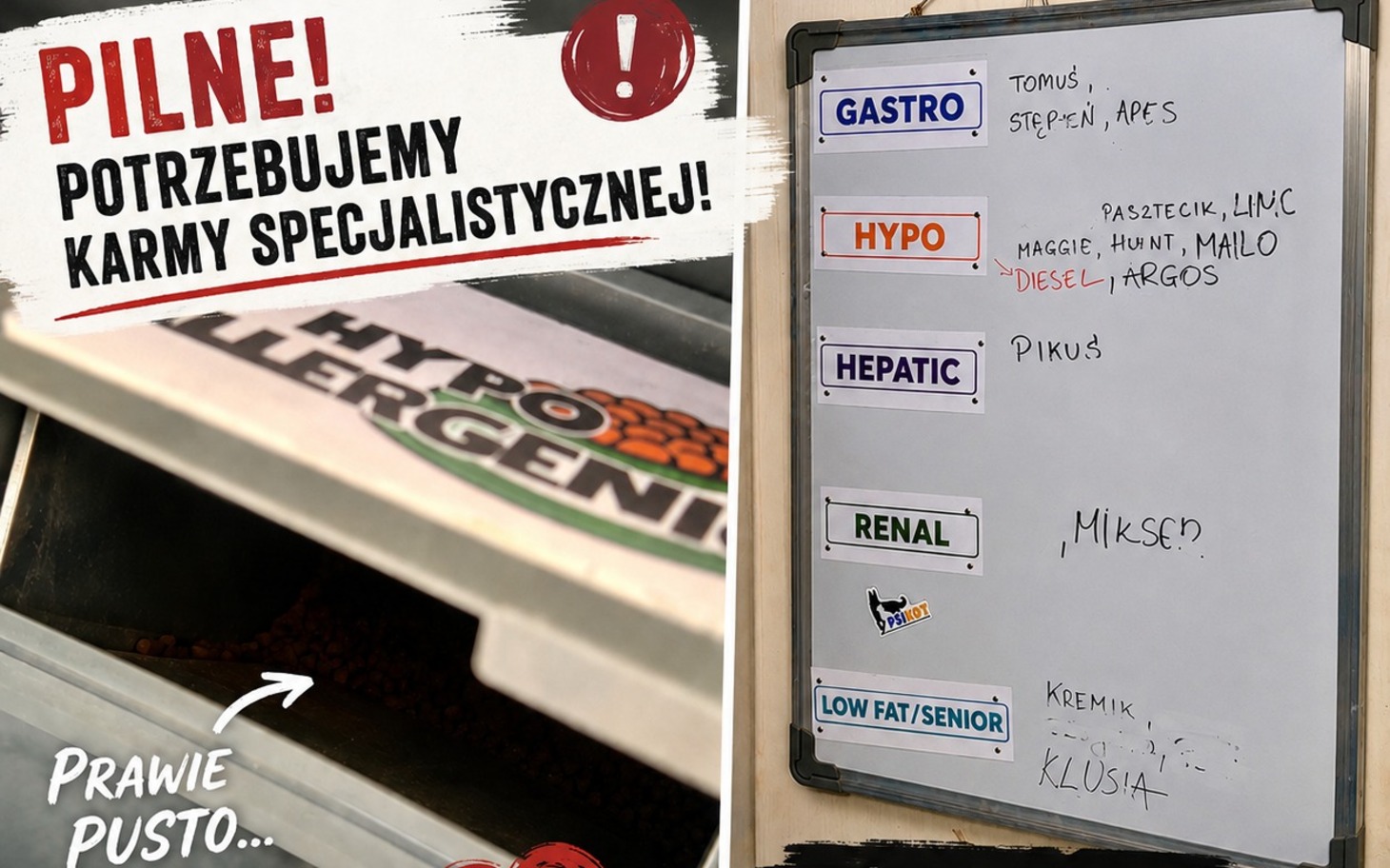 
        Ogromny baner z napisem pilne, dramatyczny motyw kampanii charytatywnej.
    