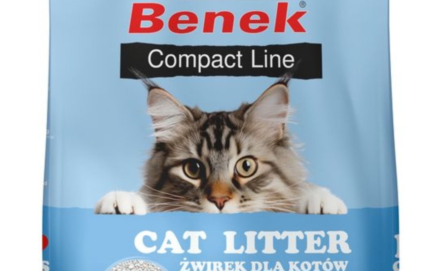 
        Kociak zza pierwszego planu na opakowaniu karmy dla kota BeneK Compact Line.
    