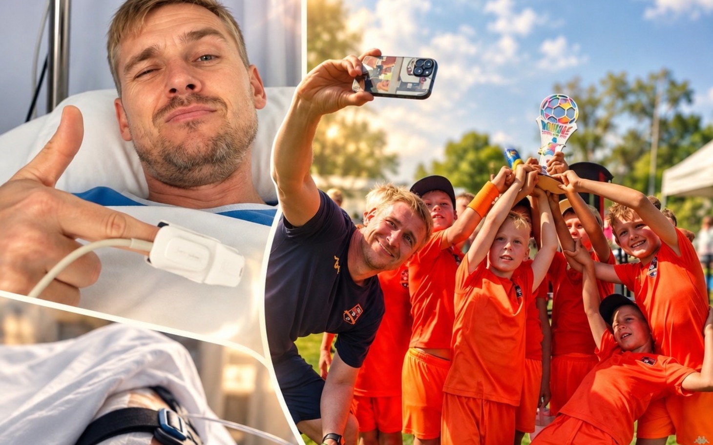 
        Uśmiechnięty mężczyzna na fotelu zabiera selfie na górze, zespół młodych ludzi trzyma puchar.
    
