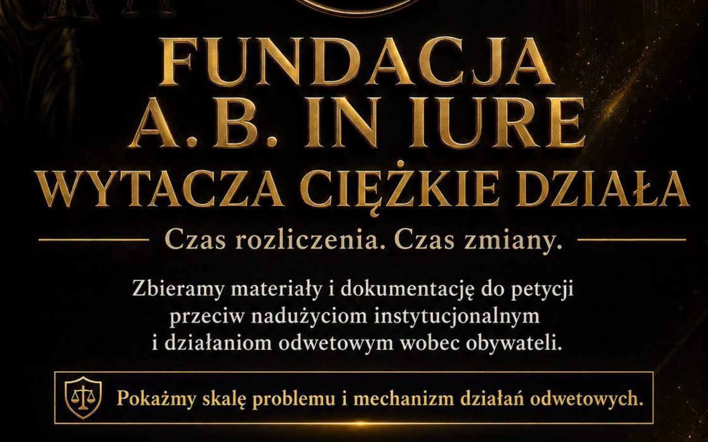 
        Czarno-złote napisy i logotypy na tle reklamy fundacyjnej A.B.INURE.
    