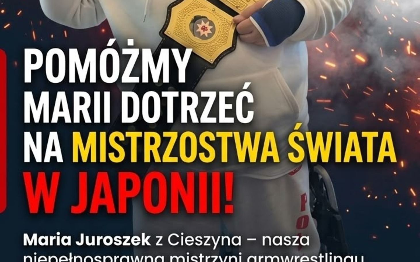 
        Osoba w stroju sportowym z pasem mistrzowskim na koszulce, na tle intensywnych barw.
    