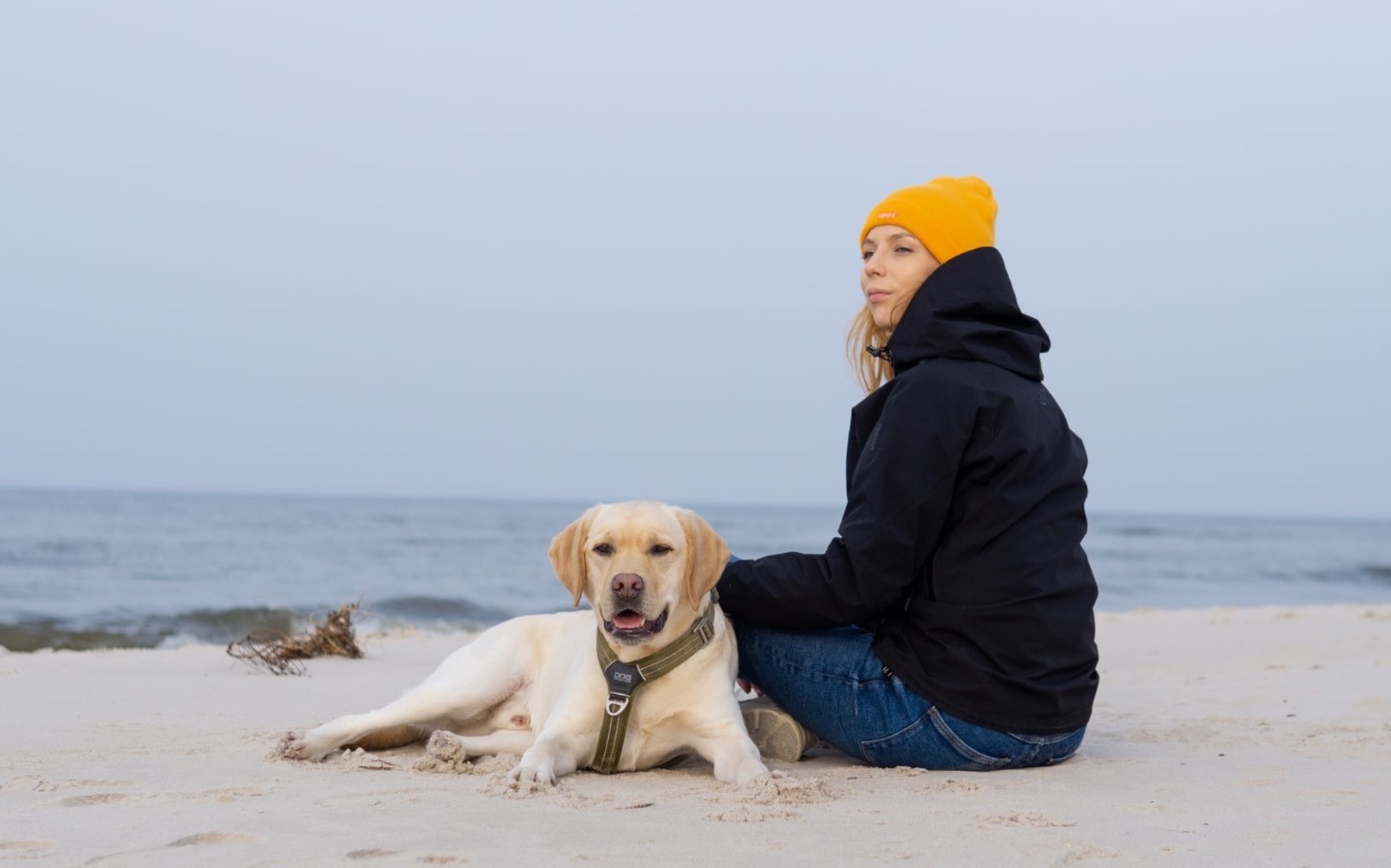 
        Kobieta na plaży z żółtą czapką i psem rasy labrador na spacerze.
    