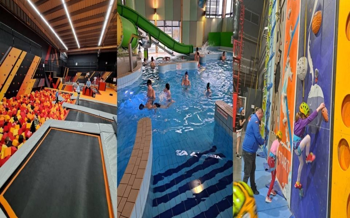 
        Wnętrze parku trampolin z kolorowymi gąbkami i skokami oraz basenem z atrakcjami w tle.
    