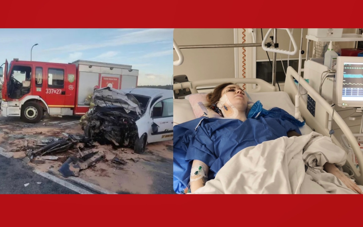 
        Pokazany z lewej strony wypadek z ciężarówką i samochodem na drodze.
    