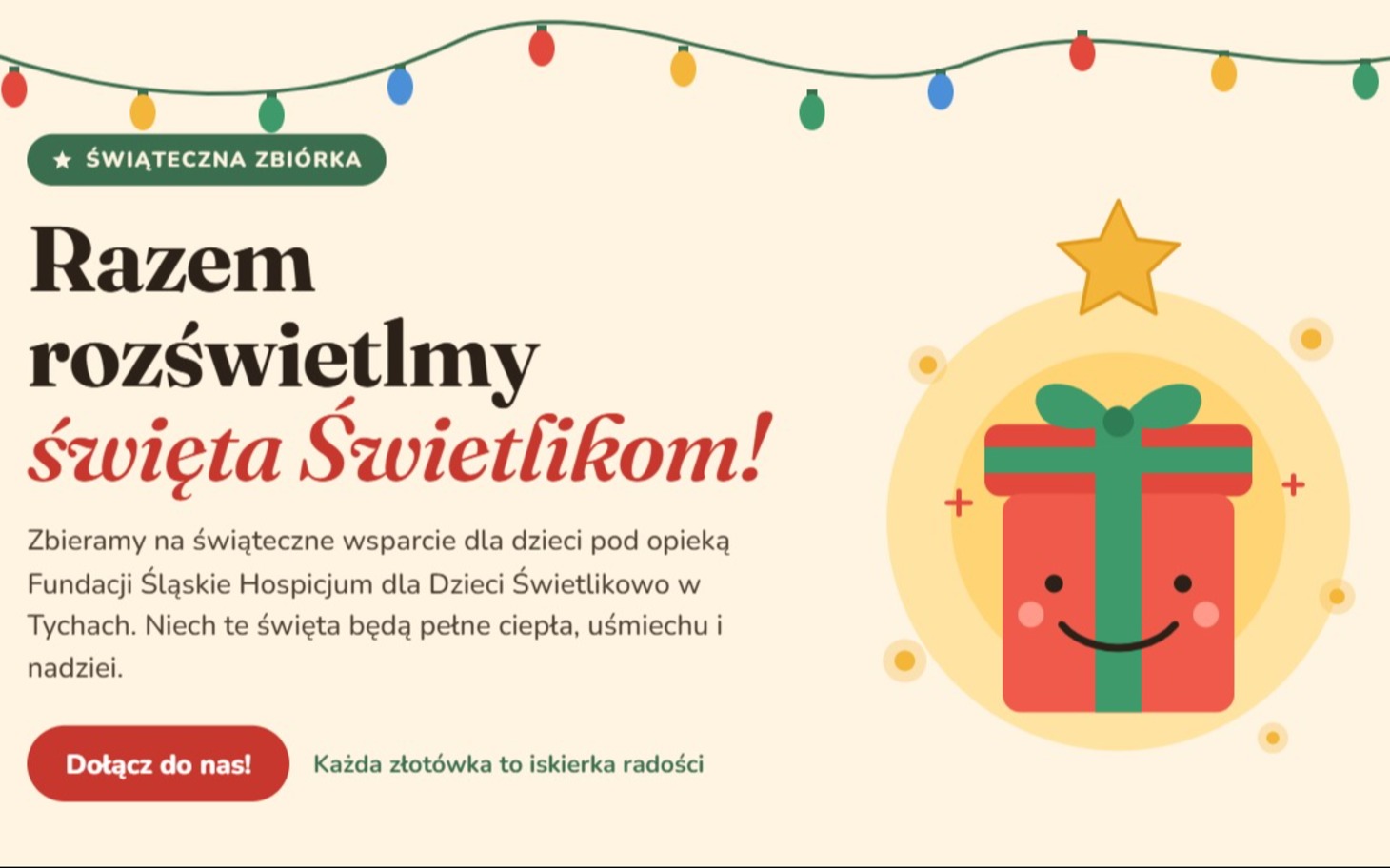 
        Kolorowy balonowy rysunek z prezentem i świątecznymi lampkami.
    