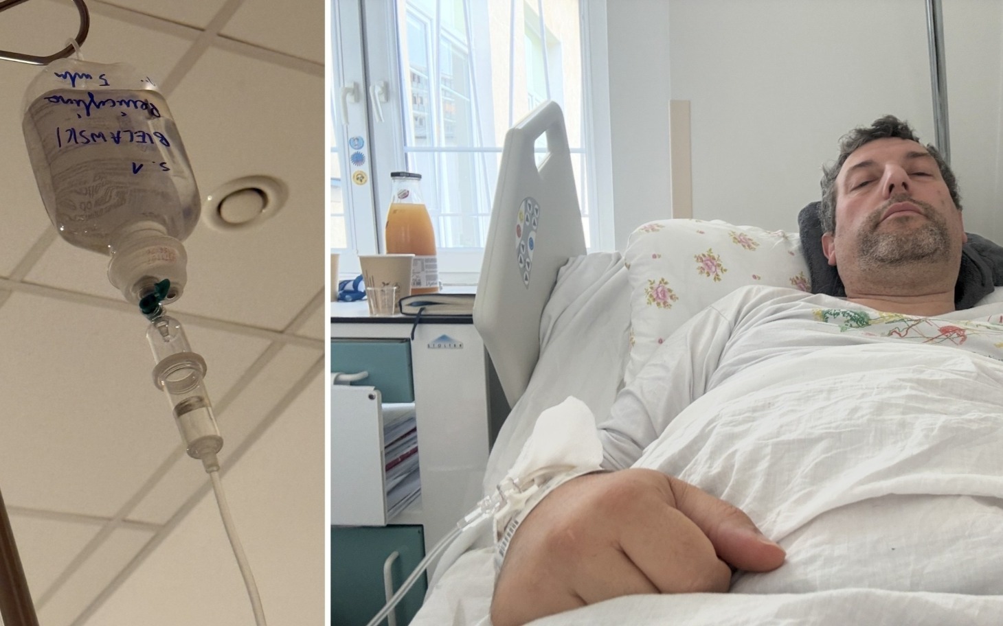 
        Osoba leży w szpitalnym łóżku, wpatrując się w kamerę.
    