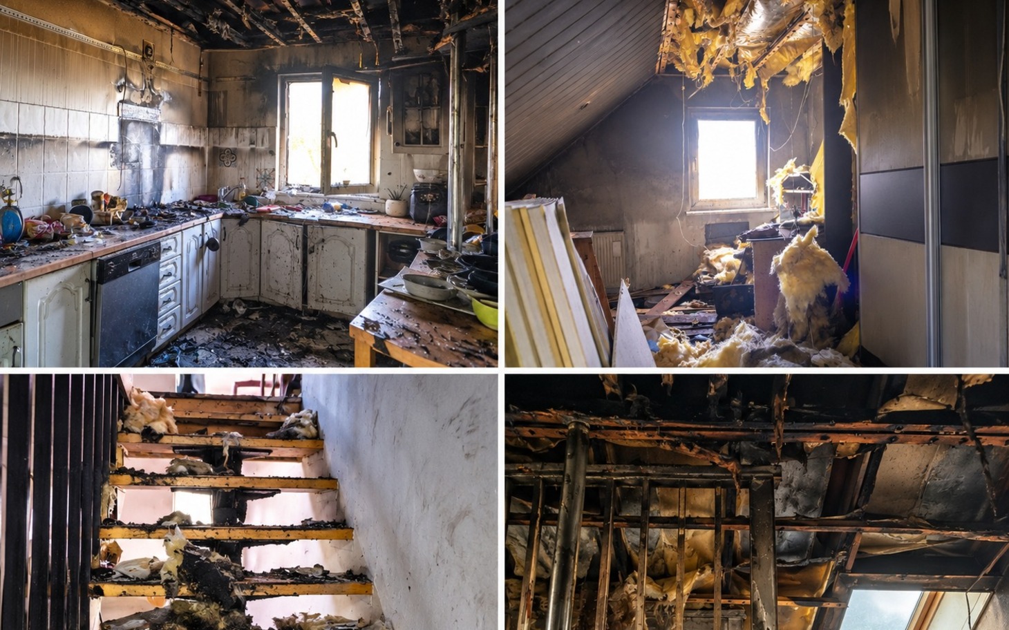 
        Zniszczone przez pożar wnętrza domu: kuchnia, poddasze i schody.
    